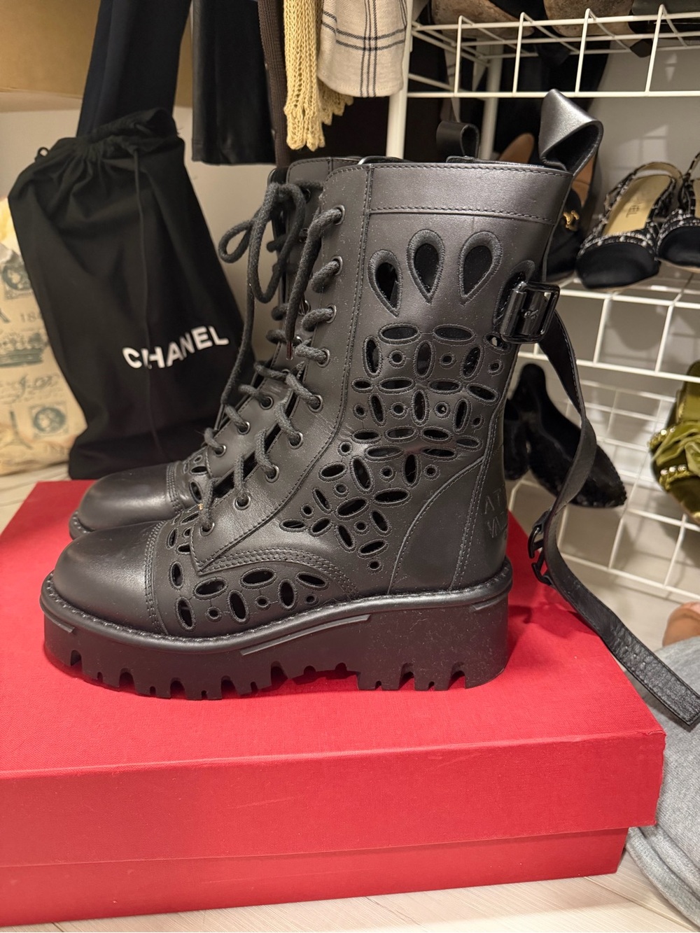 Valentino Garavani Black Laser-Cut Lace-Up Combat Boots